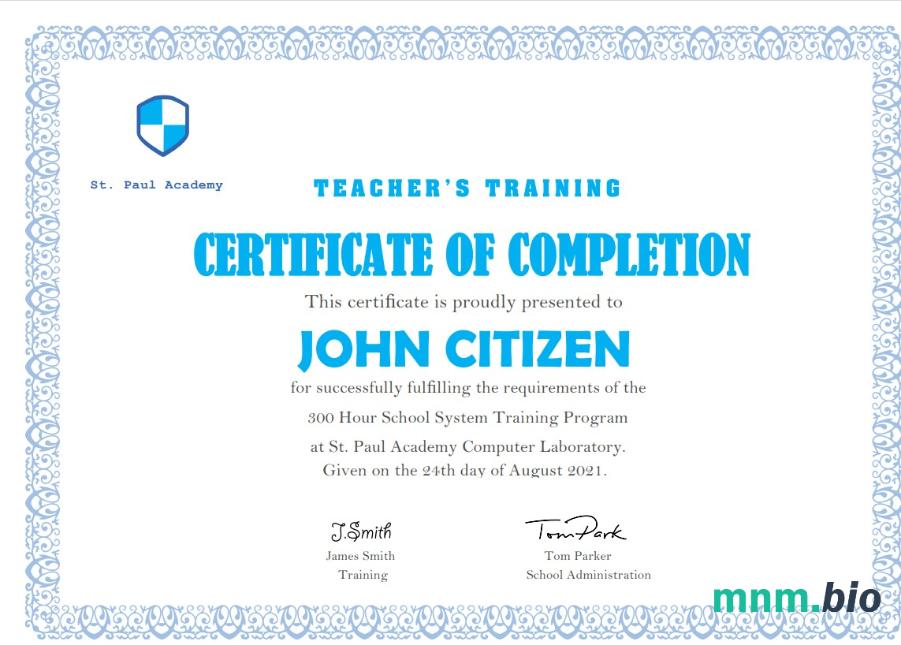USA Teacher’s Training Completion certyfikat